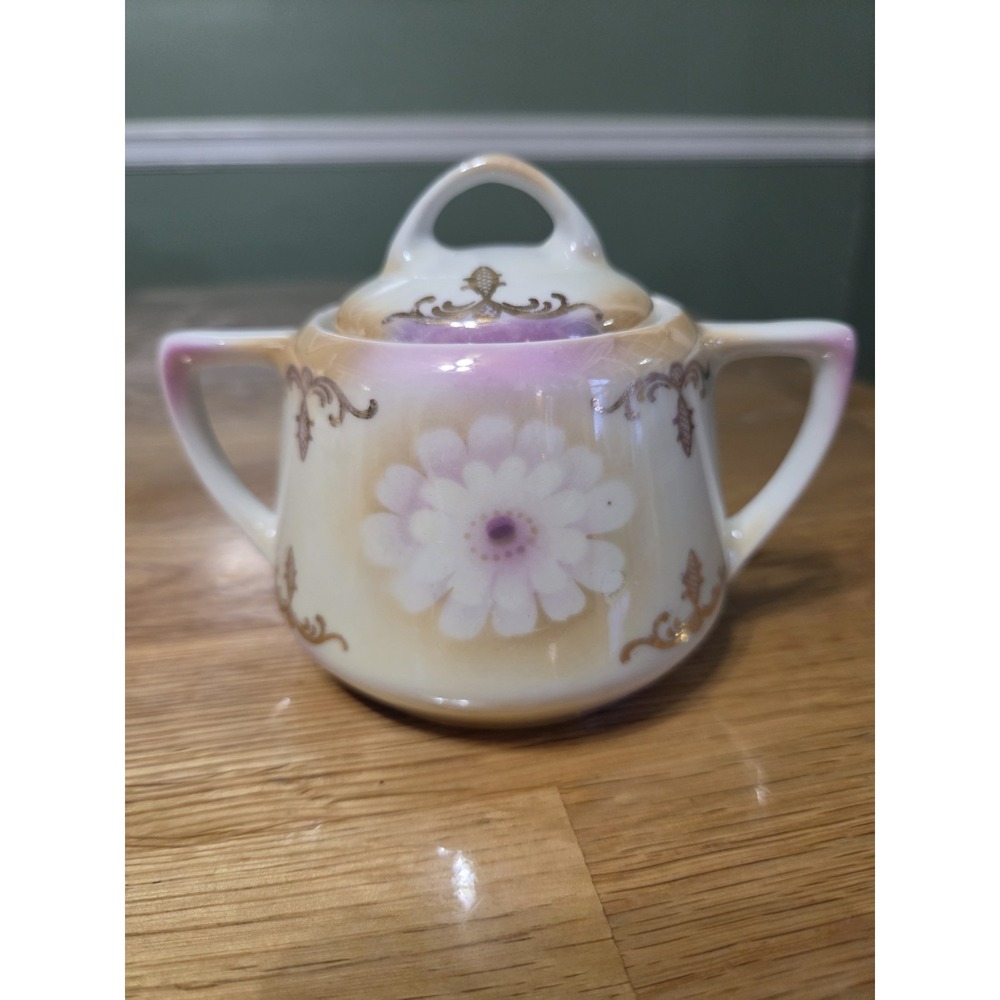 Bavaria Sugar Bowl with Lid Floral Daisy Gold Pink Design Germany W Vintage